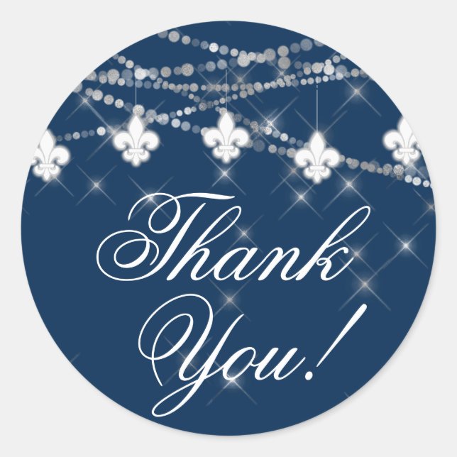 Fleur de Lis Navy Blue Lights | Rustic Thank You Classic Round Sticker (Front)