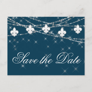 Fleur de Lis Navy Blue Lights Rustic Wedding Announcement Postcard