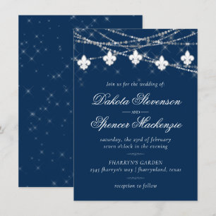 Fleur de Lis Navy Blue Lights Rustic Wedding Invitation