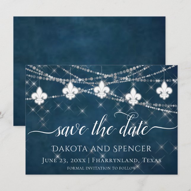 Fleur de Lis Navy Blue Lights | Rustic Wedding Save The Date (Front/Back)