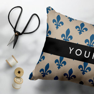 Fleur de Lis, Navy Blue on Beige, Royal, Your Name Accent Pillow