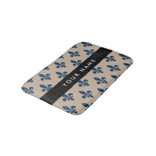 Fleur de Lis, Navy Blue on Beige, Royal, Your Name Bath Mat