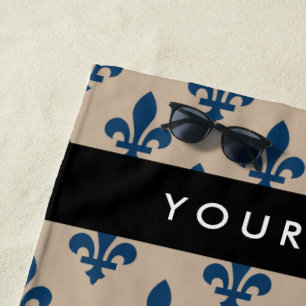 Fleur de Lis, Navy Blue on Beige, Royal, Your Name Beach Towel