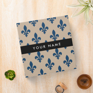 Fleur de Lis, Navy Blue on Beige, Royal, Your Name Binder