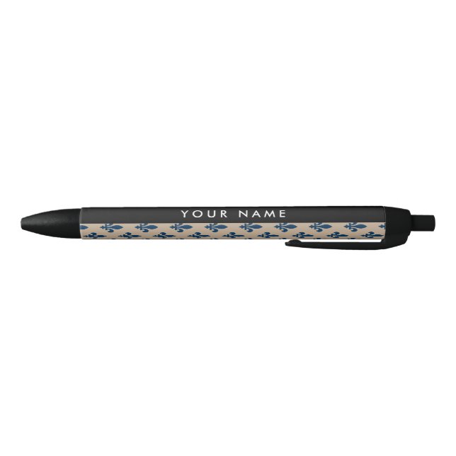 Fleur de Lis, Navy Blue on Beige, Royal, Your Name Black Ink Pen (Bottom)