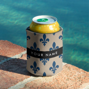 Fleur de Lis, Navy Blue on Beige, Royal, Your Name Can Cooler
