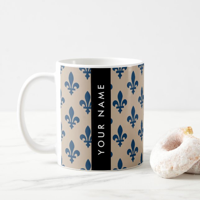 Fleur de Lis, Navy Blue on Beige, Royal, Your Name Coffee Mug (With Donut)