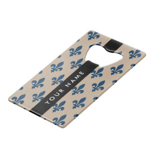 Fleur de Lis, Navy Blue on Beige, Royal, Your Name Credit Card Bottle Opener