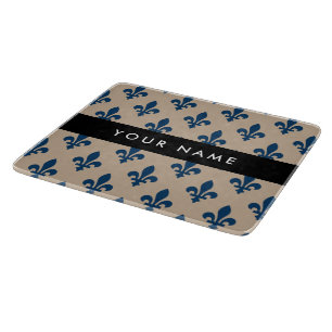 Fleur de Lis, Navy Blue on Beige, Royal, Your Name Cutting Board