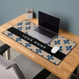 Fleur de Lis, Navy Blue on Beige, Royal, Your Name Desk Mat