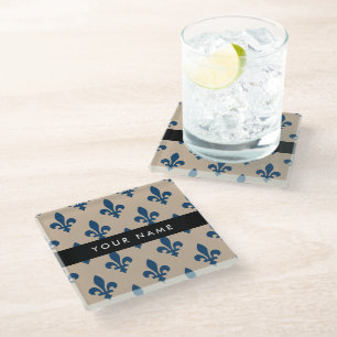 Fleur de Lis, Navy Blue on Beige, Royal, Your Name Glass Coaster