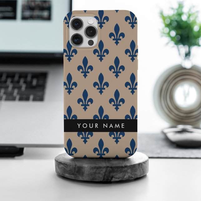 Fleur de Lis, Navy Blue on Beige, Royal, Your Name iPhone Case (Creator Uploaded)