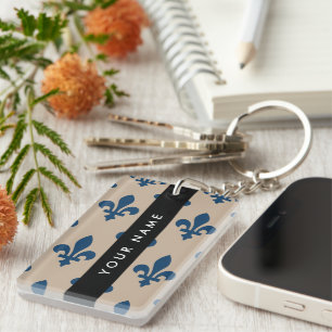 Fleur de Lis, Navy Blue on Beige, Royal, Your Name Keychain
