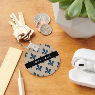 Fleur de Lis, Navy Blue on Beige, Royal, Your Name Keychain