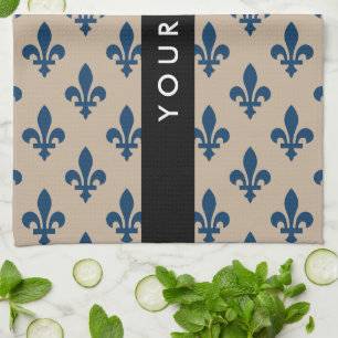 Fleur de Lis, Navy Blue on Beige, Royal, Your Name Kitchen Towel