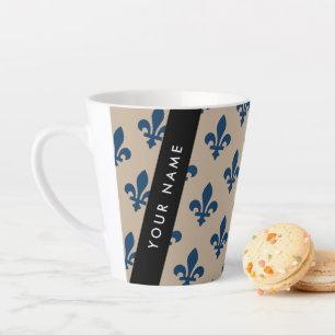 Fleur de Lis, Navy Blue on Beige, Royal, Your Name Latte Mug