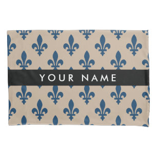 Fleur de Lis, Navy Blue on Beige, Royal, Your Name Pillowcase
