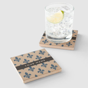 Fleur de Lis, Navy Blue on Beige, Royal, Your Name Stone Coaster