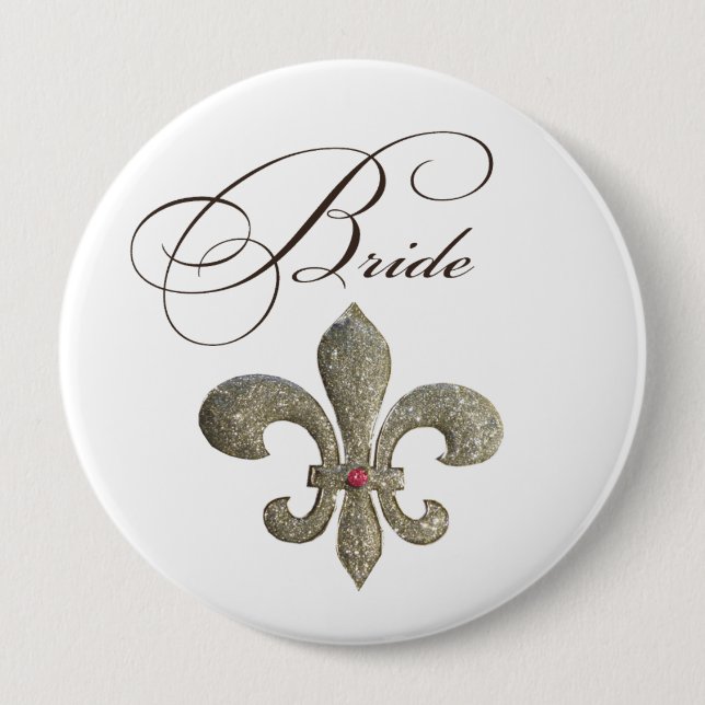 Fleur de lis NOLA Bride Bling 4 Inch Round Button (Front)