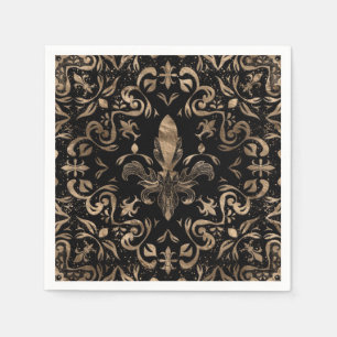 Fleur-de-lis ornament Black and Gold Napkin