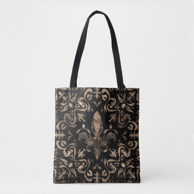 Fleur-de-lis ornament Black and Gold Tote Bag (Front)