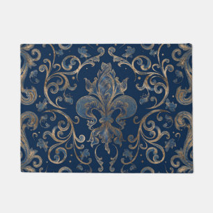 Fleur-de-lis ornament Blue Marble and Gold Doormat