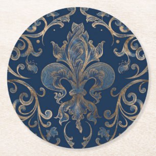 Fleur-de-lis ornament Blue Marble and Gold Round Paper Coaster
