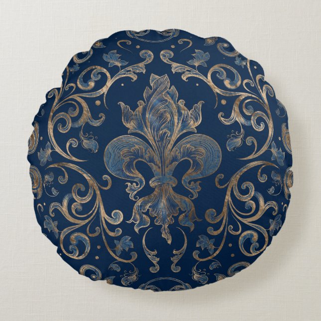 Fleur-de-lis ornament Blue Marble and Gold Round Pillow (Front)