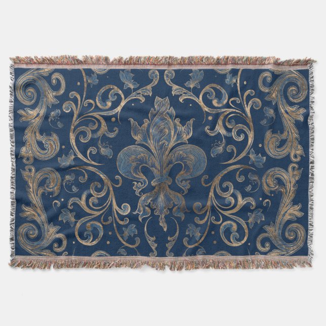 Fleur-de-lis ornament Blue Marble and Gold Throw Blanket (Front)