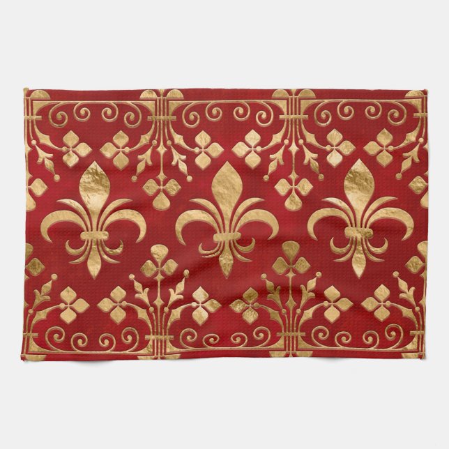 Fleur-de-lis ornament Luxury Red Kitchen Towel (Horizontal)