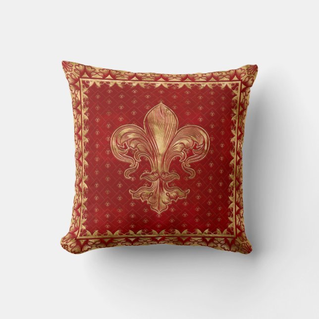 Fleur-de-lis ornament Luxury Red Throw Pillow (Front)