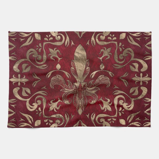 Fleur-de-lis ornament Red and Gold Kitchen Towel (Horizontal)