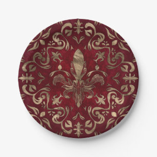 Fleur-de-lis ornament Red and Gold Paper Plate