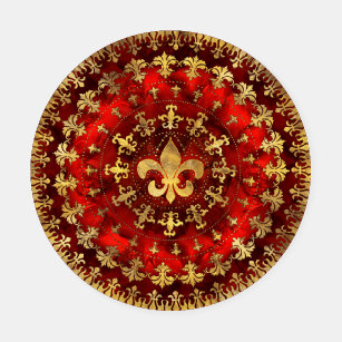 Fleur-de-lis ornament Red Marble and Gold Coaster Set
