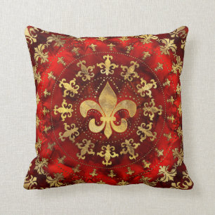 Fleur-de-lis ornament Red Marble and Gold Throw Pillow