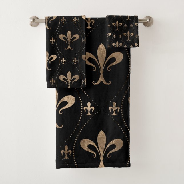 Fleur-de-lis pattern black and gold bath towel set (Insitu)
