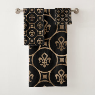 Fleur-de-lis pattern - Black and Gold Bath Towel Set