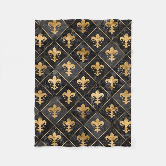Fleur-de-lis pattern Black Marble and Gold Fleece Blanket (Front)