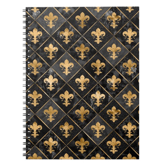 Fleur-de-lis pattern Black Marble and Gold Notebook (Front)