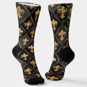 Fleur-de-lis pattern Black Marble and Gold Socks