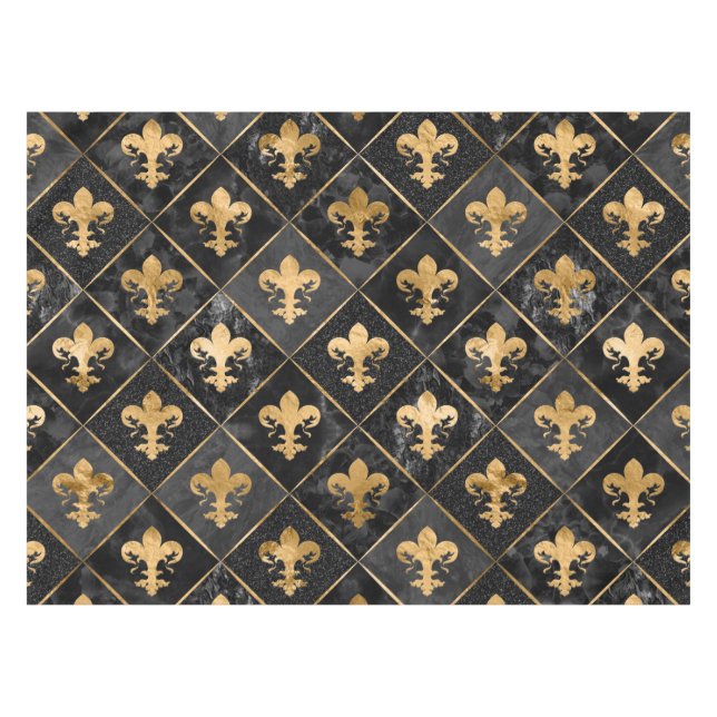 Fleur-de-lis pattern Black Marble and Gold Tablecloth (Front (Horizontal))