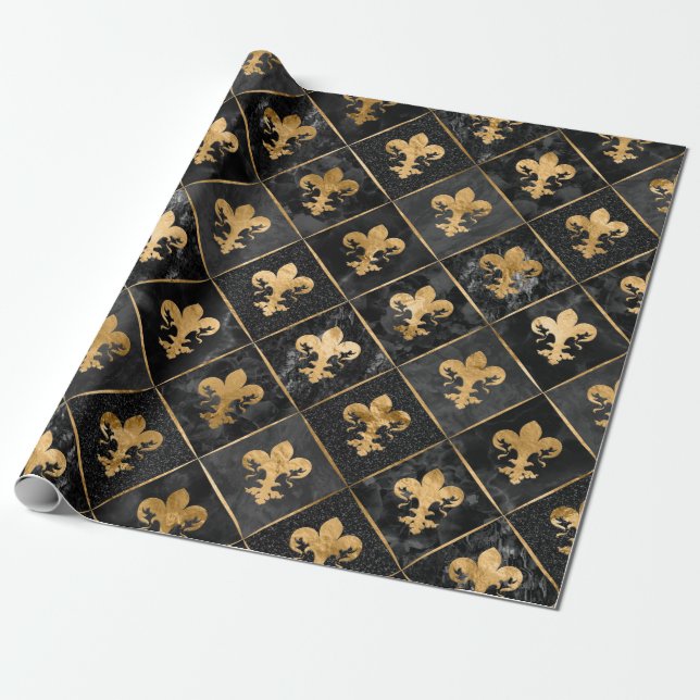 Fleur-de-lis pattern Black Marble and Gold Wrapping Paper (Unrolled)