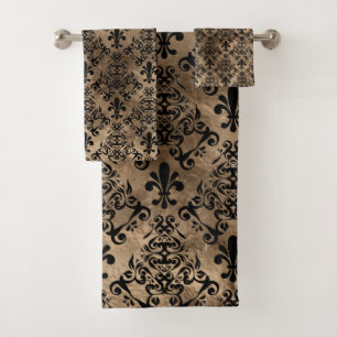 Fleur-de-lis pattern black on gold bath towel set