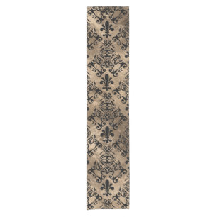 Fleur-de-lis pattern black on gold short table runner