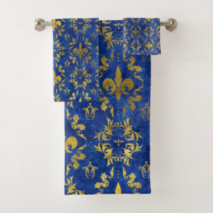 Fleur-de-lis pattern blue marble and gold bath towel set