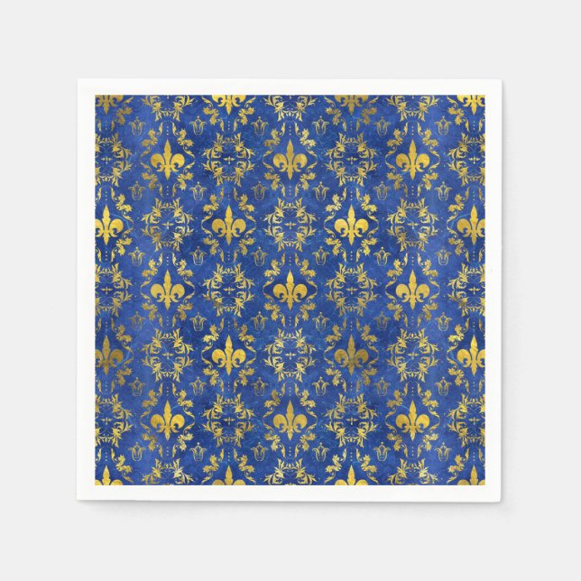 Fleur-de-lis pattern blue marble and gold napkin (Front)