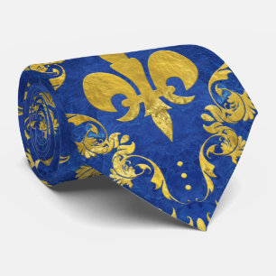 Fleur-de-lis pattern blue marble and gold tie