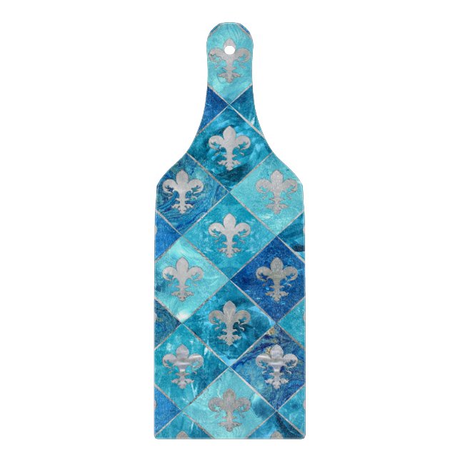 Fleur-de-lis pattern Blue Marble and Silver Cutting Board (Front)