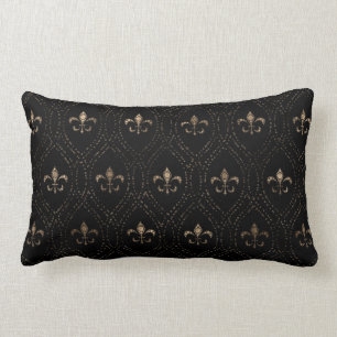 Fleur-de-lis pattern dot art black and gold lumbar pillow