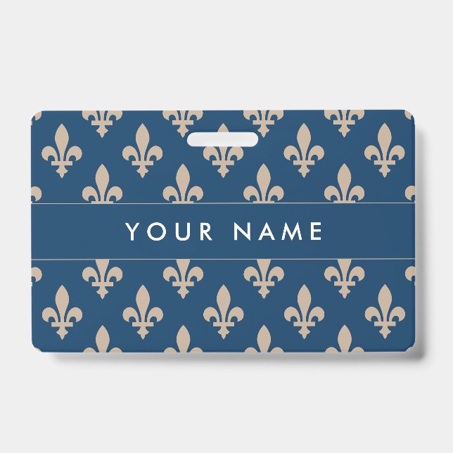 Fleur de Lis Pattern, French, Royal, Cream, Blue Badge (Front)
